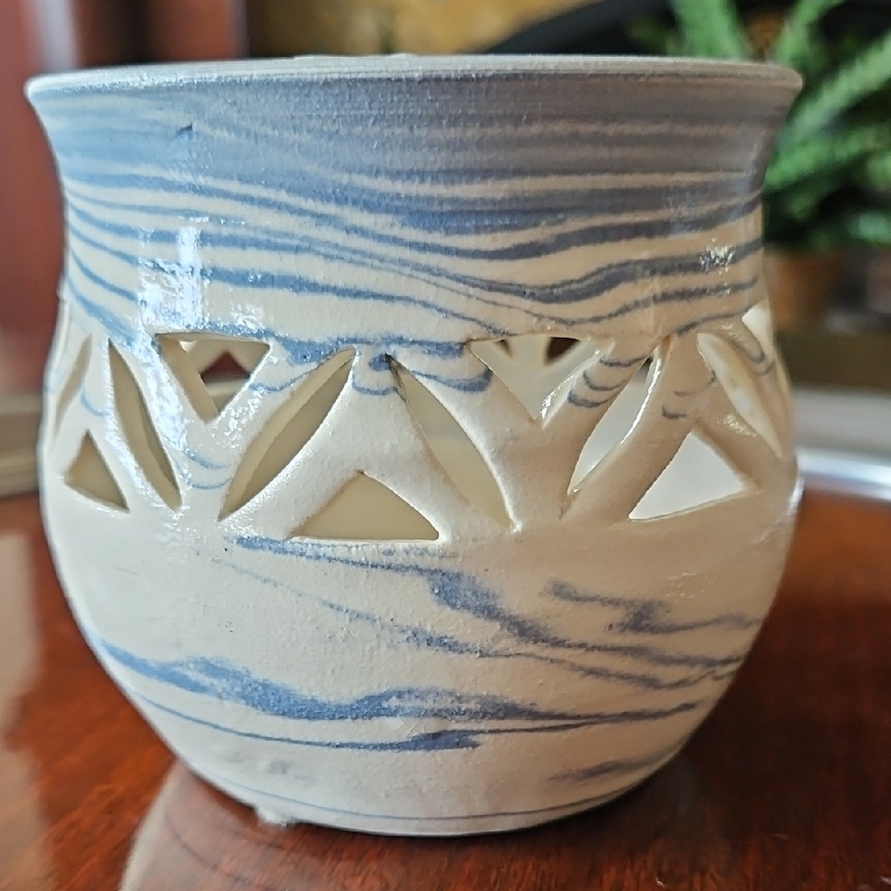 Signed Handcrafted Blue and Cream Ceramic Luminary, "Finley 1994"